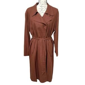 TAHARI Linen Blend Trench Coat Large Rust Brown Unlined Duster Jacket Belted NEW